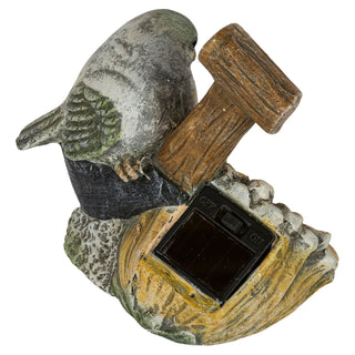 Vogel aus Keramik mit Spaten und Blüte. In der Mitte der Blüte befindet sich ein LED-Solarlicht_3