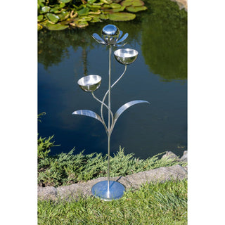 Gartenstecker mit Standfuß aus Edelstahl mit Blume und 2 Vogeltränken