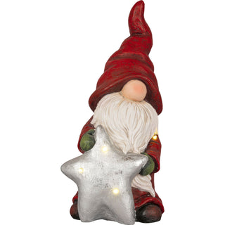 Dekorative Zwerg-Figur aus Magnesia, 40 cm groß, mit LED-beleuchtetem Stern, roter Kleidung und grünen Handschuhen, wetterfest und mit Timerfunktion für den Außenbereich.