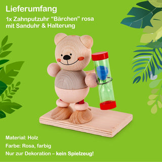  Eine rosa Zahnputzuhr in Form eines kleinen Bären aus Holz. Der Bär hält eine Sanduhr und hat eine Halterung, vermutlich für eine Zahnbürste. Das Produkt ist farbig gestaltet und dient ausschließlich dekorativen Zwecken – kein Spielzeug.