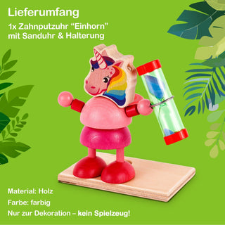  Eine farbig gestaltete Zahnputzuhr in Form eines Einhorns aus Holz. Die Figur enthält eine Sanduhr und eine Halterung, vermutlich für eine Zahnbürste. Hinweis: Nur zur Dekoration – kein Spielzeug.