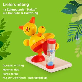 Eine farbenfrohe Zahnputzuhr in Form einer Katze aus Holz. Die Figur enthält eine Sanduhr und eine Halterung. Laut Text im Bild besteht der Lieferumfang aus einer Zahnputzuhr „Katze“ mit Sanduhr und Halterung. Das Produkt wiegt 0,114 kg und ist nur zur Dekoration gedacht – kein Spielzeug.