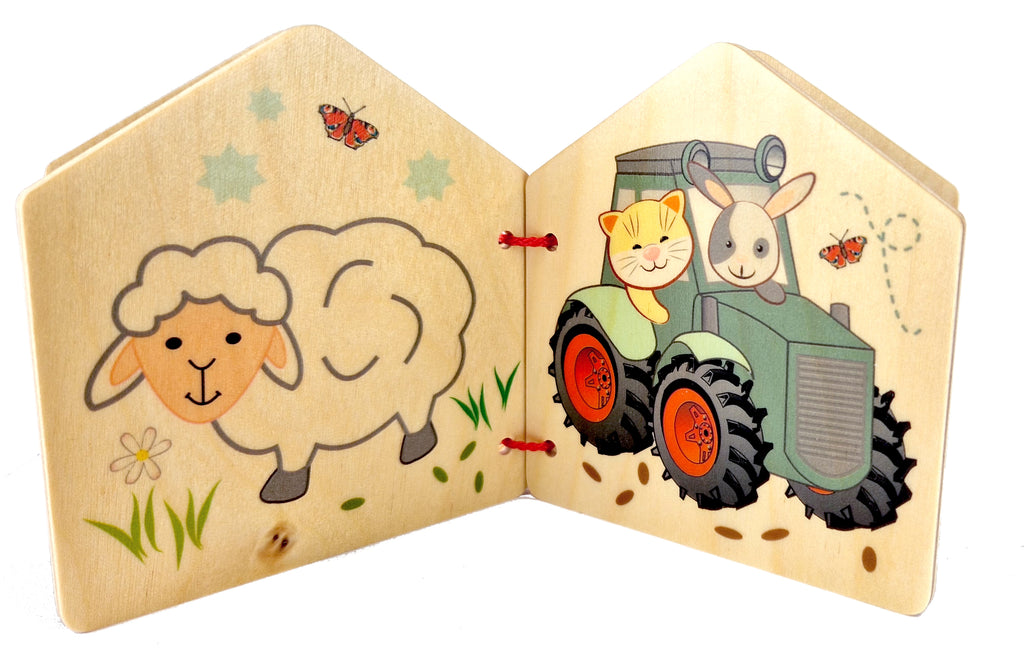 Bilderbuch aus Holz mit Schaf und Traktor mit Katze, Hase und Schmetterlingen