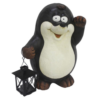 Dekorative Gartenfigur Maulwurf aus Kunststein in Schwarz‑Weiß, hält eine schwarze Laterne mit LED‑Solar‑Licht in der Hand – witzige Garten‑Deko für Außenbereiche.