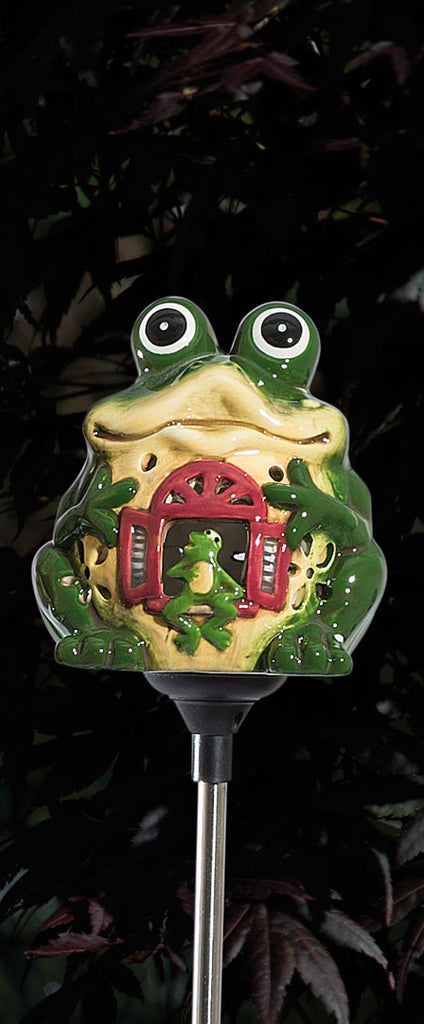 Keramik-Frosch LED Gartenstecker mit saico-seiffen als Figur– solarbetriebener