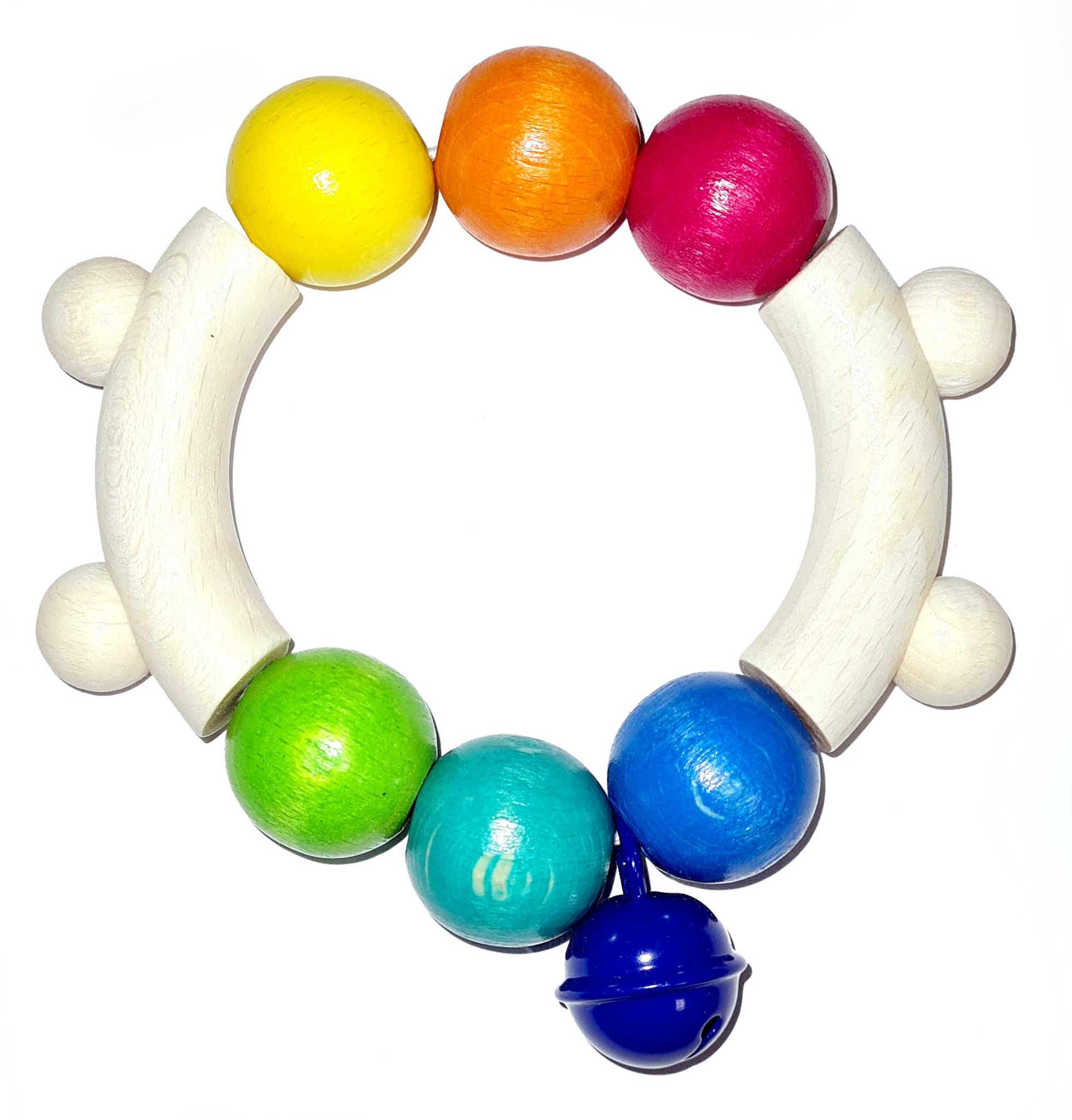 runde Rassel mit farbigen Holzkugeln in Form von Perlen mit kleiner Glocke