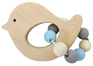 Rassel in Form eines Küken´s mit kleiner Kette aus Holzkugeln und blauen Elementen