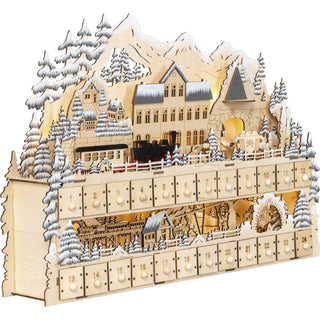 Naturfarbener Adventskalender aus Holz, mit LED-Beleuchtung. Kann mit Batterie oder Trafo betrieben werden. Die 24 Holzkästchen sind auf zwei Ebenen verteilt. Auf der unteren Ebene befindet sich das Berkwerk mit den Bergleuten. Auf der oberen Ebene befindet sich der Bahnhof. Verziehrt ist der Adventskalender mit beschneiten Bäumchen und einer Berglandschaft._4