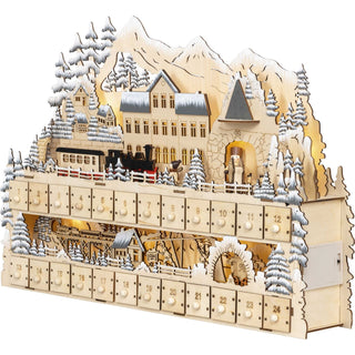 Naturfarbener Adventskalender aus Holz, mit LED-Beleuchtung. Kann mit Batterie oder Trafo betrieben werden. Die 24 Holzkästchen sind auf zwei Ebenen verteilt. Auf der unteren Ebene befindet sich das Berkwerk mit den Bergleuten. Auf der oberen Ebene befindet sich der Bahnhof. Verziehrt ist der Adventskalender mit beschneiten Bäumchen und einer Berglandschaft._3