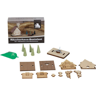 Bastelset Räucherhaus aus Holz. Das Räucherhaus ist naturfarben und iwrd inkl. Leim und Räucherkerzen geliefert. zerlegt_2