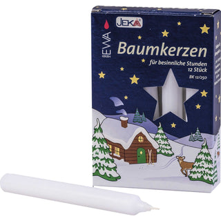 Der 12er Pack Baumkerzen ist hier in weiß abgebildet. Diese Kerzen sind in zwei Farben erhältlich. Bild 1.