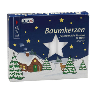 Der 20er Pack Baumkerzen ist hier in weiß abgebildet. Diese Kerzen sind in drei Farben erhältlich. Bild 1.