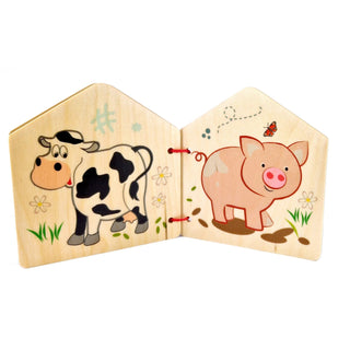 Bunt bedrucktes Bilderbuch aus Holz mit lustigen Tiermotiven-Kuh und Schweinchen_2