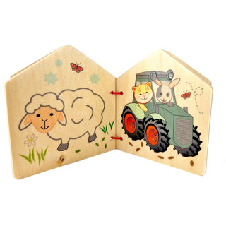Bunt bedrucktes Bilderbuch aus Holz mit lustigen Tiermotiven-Schäfchen und Katze mit Hase im Traktor_3
