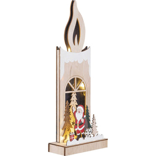 Deko-Kerze "Rehe", aus Holz mit batteriebetriebener LED-Beleuchtung und Timer. Vor der beleuchteten Kerze befindet sich der Weihnachtsmann mit Tannenbäumchen und Geschenken._Seitenansicht_3