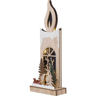 Deko-Kerze "Rehe", aus Holz mit batteriebetriebener LED-Beleuchtung und Timer. Vor der beleuchteten Kerze befindet sich eine winterliche Walblandschaft mit Rehen und der Aufschrift Xmas._Seitenansicht_2