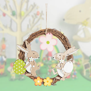 Farbiges Fensterbild mit zwei Osterhasen, Ostereiern und Blumen_2