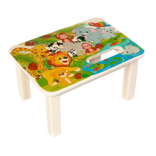 Fußbank aus Holz mit farbig bedruckten Dschungelmotiv