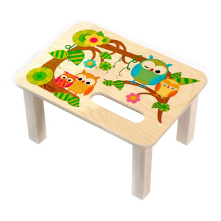 Fußbank aus Holz mit farbig bedruckten Eulen-Motiv