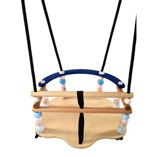 Gitterschaukel aus Holz, naturfarben mit blauen Akzenten und schwarzen Strick