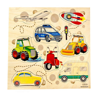 Griffpuzzle aus Holz mit verschiedenen bunten Fahrzeugen_1