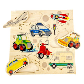 Griffpuzzle aus Holz mit verschiedenen bunten Fahrzeugen_1