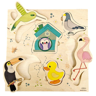 Griffpuzzle aus Holz mit farbig gestalteten Vögel