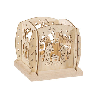 Zu sehen ist ein kleiner Teelichthalter. Dieser ist in 6 verschiedenen Motiven erhältlich. Hier ist wurde das Motto "Jesus Christus Geburt" schön verarbeitet. Bild 2.