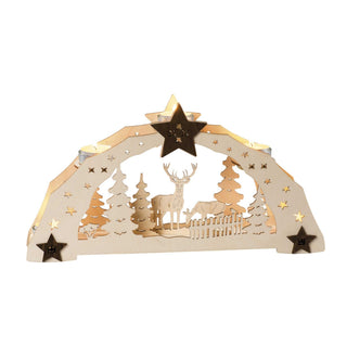 Teelichthalter aus Holz mit Sternen mit Kontrast Motiv "Rehe" zeigt Hirsch und Reh in Waldszene.