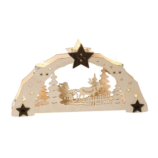 Teelichthalter aus Holz "Stern mit Kontrast", Motiv Weihnachtsmann im Rentierschlitten