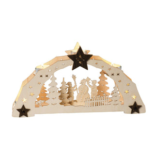 Teelichthalter Stern mit Kontrast aus Holz für 5 Teelichte mit dem Motiv "Schneemann", 2 Kinder bauen einen fröhlichen Schneemann umgeben von Tannenbäumen.