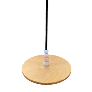 Kinderspielzeug Tellerschaukel-naturfarbener Teller zum Sitzen mit schwarzem Seil und pastellfarbenen Holzkugeln