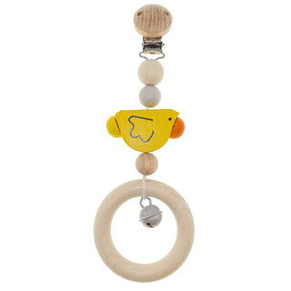 Kinderwagenanhänger aus Holz mit Clipverschluss, gelben Küken, Glöckchen und Greifring