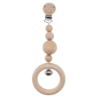 Kinderwagenanhänger aus Holz, naturfarben, mit Glöckchen und Greifring