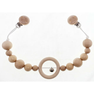 Kinderwagenkette aus Holz mit 2 Clipverschlüssen, Glöckchen und Greifring in natur