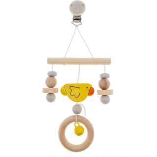 Kinderwagenkette aus Holz mit Clipverschluss in Trapezform, gelben Küken, Glöckchen und Greifring