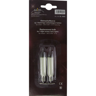 Im Set enthalten sind 2 Kleinschaftkerzen für 7 flammige Schwibbögen zu 34 Volt, 3 Watt und für die Fassung E10 geeignet.