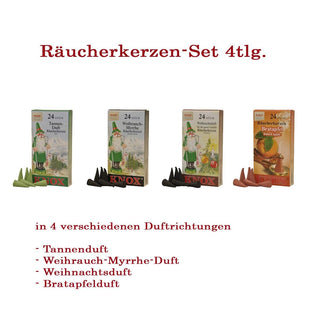 Das KNOX-Räucherkerzen-Set mit 4 verschiedenen Düften wird original im Erzgebirge hergestellt. Im Angebot enthalten sind 4 Packungen der beliebtesten Weihnachtsdüfte. In jeder Schachtel sind 24 Räucherkerzen. Die Düfte sind Tanne, Weihrauch-Myrrhe, Weihnachtsduft und Bratapfel. Bild 1.