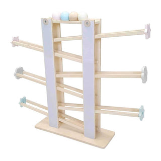 Kugelbahn aus Holz, naturfarben, mit pastellfarbenen Kugeln und grauen Akzenten