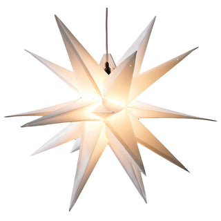 Adventsstern weiss Ø 100cm für Außen. Mit seiner Größe von ca. 100 cm wirkt er nicht nur imposant, er ist auch dank des Trafos mit IP44 Standard bestens für den Außenbereich nutzbar. Mit einer Zuleitungslänge von 7m bleiben sie auch bei der Positionswahl flexibel. Sie benötigen auch keine extra Zeitschaltuhr, der Stern ist bereits mit einem Timer ausgerüstet. Bitte beachten Sie, das Leuchtmittel kann nur mit gesamter Elektrik ausgetauscht werden.