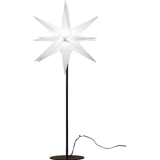 Die Lampe umfasst einen weißen Adventsstern mit LED-Beleuchtung und einem schwarzen Metallfuß. Der Stern hat einen Durchmesser von ca. 35 cm und die Gesamthöhe beträgt ca. 60 cm._1