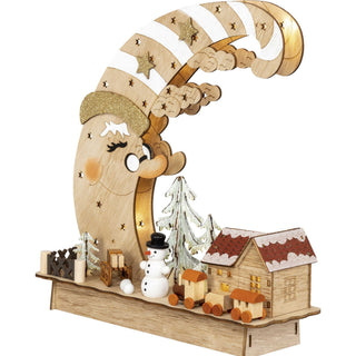 Farbiges Diorama aus Holz mit LED-Beleuchtung, batteriebetrieben und mit Timer. Das Diorama besteht aus einem schlummernden Mond auf einem Sockel. Auf dem Sockel befindet sich ein beleuchtete Haus, mit Winterbäumchen, Schneemann und Eisenbahn._3