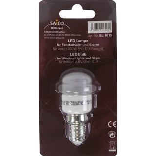 Diese LED Ersatzlampe ist für Fensterbilder und Sterne für innen mit einer Fassung von E14, 230 Volt und 2 Watt geeignet.