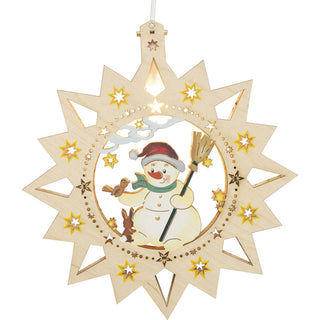 LED beleuchtetes Holz - Fensterbild Schneemann mit farbigen Akzenten.