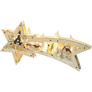 Fensterbild Sternenschweif mit Seiffener Kirche. Im Stern befindet sich die seiffener Kirche. Im Schweif stehen kleine Häuschen im Winterwald. Die Dächer und Bäumchen sind beschneit.