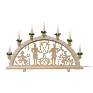 LED-Lichterbogen ‚Bergleute‘ aus Holz, 59 cm breit, zeigt traditionelle Bergmannsfiguren, dekoriert mit sieben elektrischen Kerzen – geeignet für Netzbetrieb.