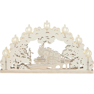 Zu sehen ist hier der naturfarbige 3D Schwibbogen mit dem Motto - Eisenbahnromantik. Eine rustikale Dampflock rollt über eine mächtige Brücke durch die Landschaft. Die Dampfwolken umranden mit alten Eisenbahnlaternen den Bogen.