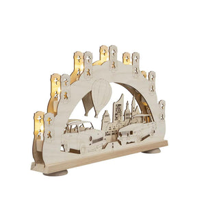 Hier ist der Nostalgie-Schwibbogen beleuchtet von der Seite abgebildet. Bild 3.