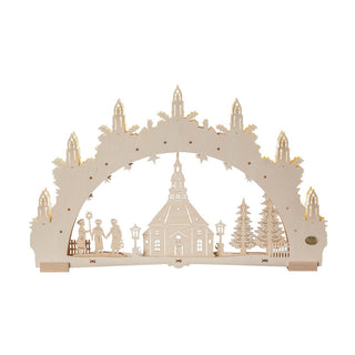 3D Schwibbogen zeigt Seiffener Kirche. Mit LED Beleuchtung. Frontalansicht