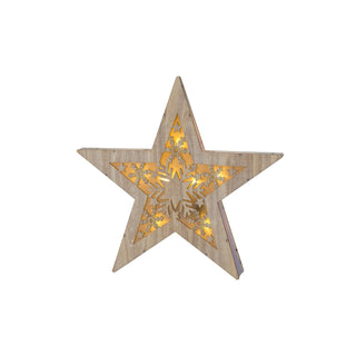 Naturfarbener LED Stern mit Motiv von Schneeflocken. Mit 6h Timer und Batteriebetrieb